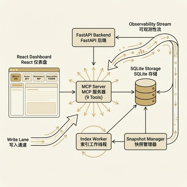 Memory Palace architecture diagram showing backend, MCP boundary, dashboard, and index maintenance paths