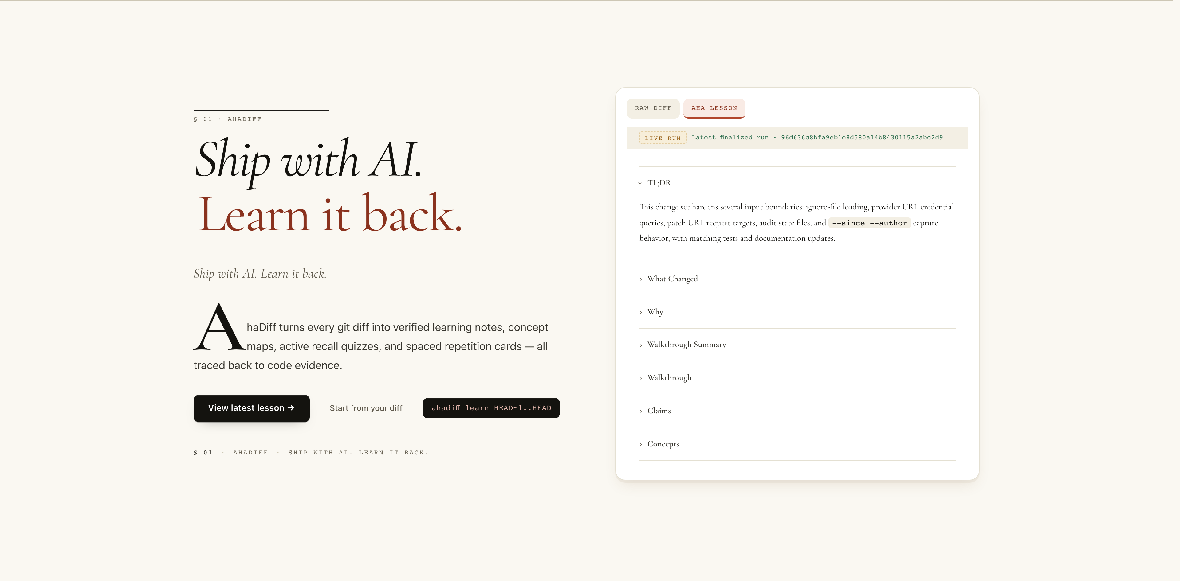 Welcome: hero tagline, intro paragraph, and the first-run quick start.